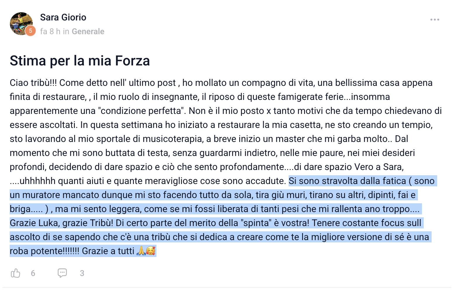 Messaggio di Sara Giorio — Stima per la mia Forza