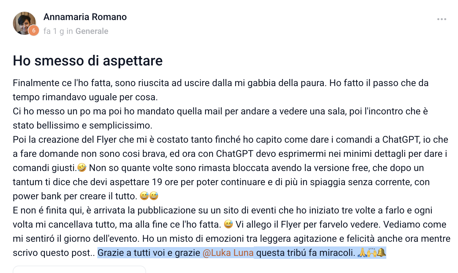 Messaggio di Annamaria Romano — Ho smesso di aspettare